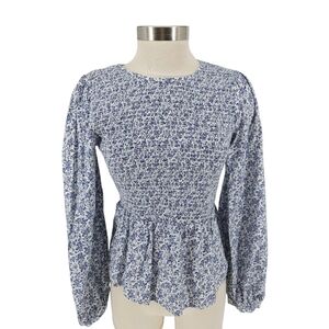 Universal Thread Smocked Shirt White Floral Long Sleeve Peplum Button Top Small